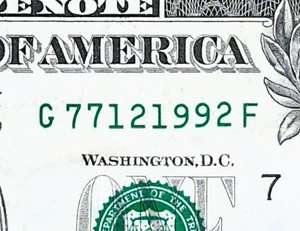 Fancy Serial Number- $1 Note- 4 PAIR DOUBLES 2 CONSECUTIVE 2017 A - G77121992F - Picture 1 of 3