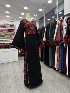 New Traditional Black Embroidered  Tatreez Thobe With Manajel Belted Dress  - Picture 1 of 3