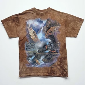 Vintage 90's The Mountain Train Graphic Brown Tie Dye Shirt Medium USA Scenic - Picture 1 of 8