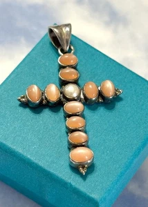 Nicky Butler NB Sterling Silver CROSS Peach Moonstone Pearl 925 Necklace Pendant - Picture 1 of 2