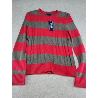 Suéter tejido con cable a rayas rojo gris talla M mezcla de algodón CHAPS CLASSICS para mujer Foto 1 de 4