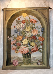 Vintage Flanders Flemish Tapestry Belgium 32” x 44” ~ "Vase with Flowers4" & Rod - Picture 1 of 9
