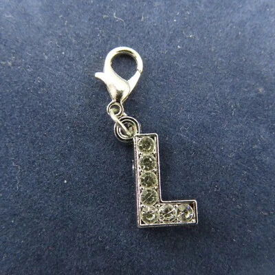 RHINESTONE Initial LETTER L Charm Zipper Pull Keychain Add On Clip Silver Tone - Image 1 of 4