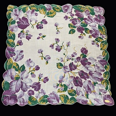 Pañuelo vintage con flores florales dobladillo festoneado púrpura con etiqueta Foto 1 de 3
