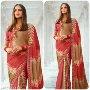 INDISCHER GEORGETTE-SARI MIT UNGESICKTER BLUSE PARTY HOCHZEITSKLEIDUNG FÜR DAMEN - Bild 1 von 1