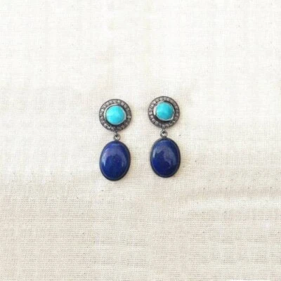 Lapis Lazuli &Turquoise Earring 925 Sterling Silver Pave Diamond Dangle Earring - Image 1 of 4