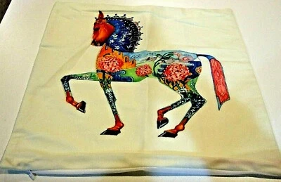 Square Colorful Horse Cotton Chenille Pillow Cover 17.5" x 17.5" NEW (#35) - Image 1 of 4