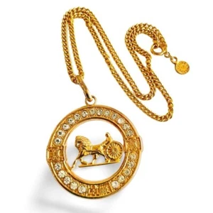 Vintage Celine gold chain necklace with crystal large triomphe carriage logo - Picture 1 of 8