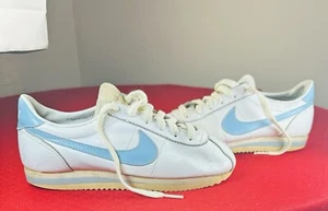 VTG Nike 80s Sneakers Leather Cortez White Sky Blue Women's Shoes Size 7.5 Gift - Picture 1 of 17