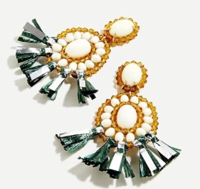Pendientes con flecos colgantes de piedra de rafia J Crew oro ámbar verde marfil plata metálica Foto 1 de 4