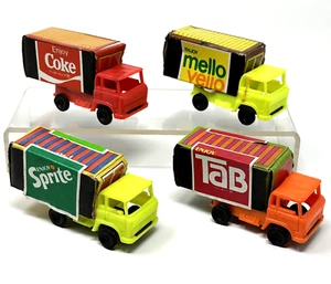 Lot of 4 Vintage Plastic 3.5" Toy Delivery Trucks Coke Tab Mello Yello Hong Kong - Picture 1 of 11