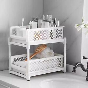 2-Layer Bathroom Sliding Basket Storage Cabinet Holder W/Pull Out Drawers White