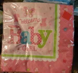 2 Pkgs - "WELCOME BABY GIRL!" BABY SHOWER - PINK BUTTERFLIES - LUNCHEON NAPKINS - Picture 1 of 2