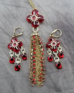 Conjunto de pendientes collar de diamantes de imitación Anne Klein borla de cristal rojo declaración 779c - Imagen 1 de 14