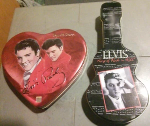 2 Elvis tins King of Rock 'N Roll guitar case + Elvis Presley heart shaped tin - Imagen 1 de 10