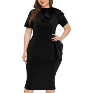 Black Retro 40s/50s Style Peplum Dress. Neck Bowtie. Fits Sz 14. Curvy Mad Men - Picture 1 of 9
