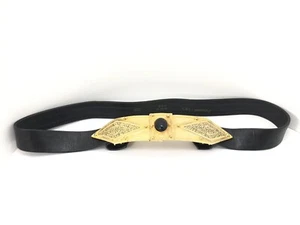 Cinturón de cuero negro con hebilla tono dorado renacimiento egipcio vintage Accessocraft NYC - Imagen 1 de 11