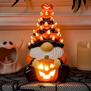 8.5 Inch Tall Halloween Decoration Pumpkin Gnome Ceramic Tree with Build-In Leds - Picture 1 of 6