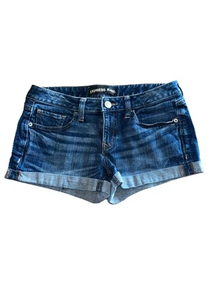 Pantalones cortos de mezclilla Express Jeans para mujer talla 4 con puños dobladillo tiro bajo algodón elástico Foto 1 de 4