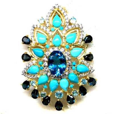 925 Sterling Silver London Blue Topaz, Turquoise & Zircon Brooch/Pendant - Image 1 of 4