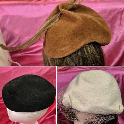Vintage Hats - Brown Velour Hat with Feather,  Black Beret, White Wool Pillbox - Image 1 of 4