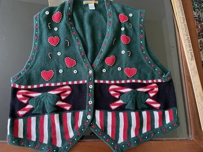 De Colección Bryn Connelly Chaleco de Navidad Suéter Top Bastón de Caramelo Corazones Verde Maestro 2X Foto 1 de 4