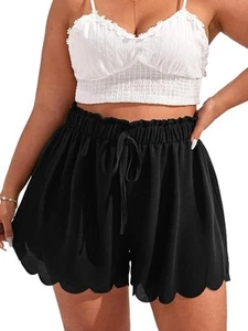 Womens Plus Size High Waisted Scallop Trim Paperbag Wide Leg Summer Shorts - Picture 1 of 47