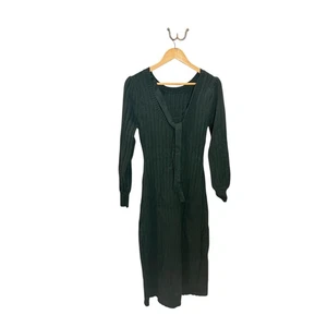 La Lavon Ribbed Knit Midi Medium Dress Tie Neck Long Sleeve Green Career Casual - Picture 1 of 8