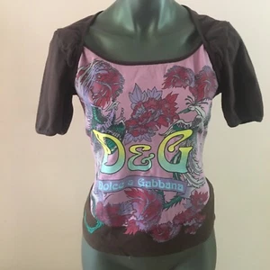 D&G by Dolce & Gabbana Tee cotton Top, Short Sleeve Shirt Small Brown Pink Multi - Picture 1 of 6