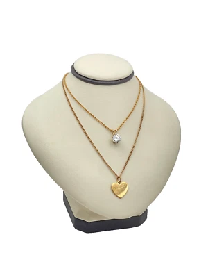 Juego de 2 collares chapados en oro circonita cúbica solitario y corazón colgante estilos 18" 22" Foto 1 de 4