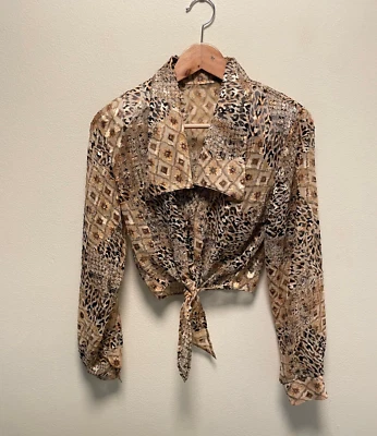 Top de mujer vintage pequeño estampado de animales de gasa transparente corbata frontal mafia esposa años 90 Foto 1 de 4