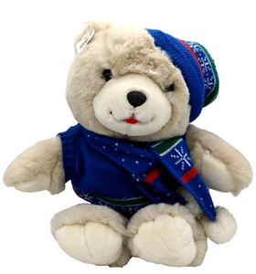 Weihnachten Teddybär Plüsch Urlaub blau Strickmütze Pullover Schal mit Etikett Vintage 20 Zoll - Bild 1 von 14