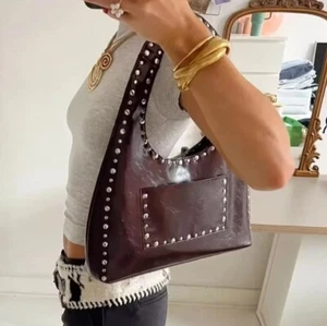 Retro Rivet Decorative Shoulder Bag| Wind Oil Wax Leather Handbag for Women - Picture 1 of 7