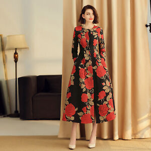 Luxury Womens Floral Jacquard Full Length A Line Dress Blazer Jacket Coat Dating