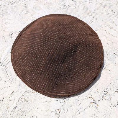 Vintage 30's - 40's style handmade geometric embroidered brown beret halo hat - Image 1 of 4