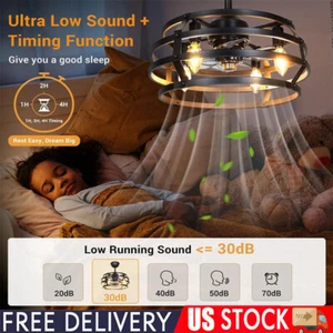 Bladeless Caged Ceiling Fan with Lights and Remote Control Reversible Black - Picture 1 of 11