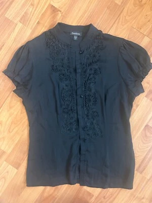 Blusa top vintage bebe seda negra cuello mandarina asiática floral bordada M Foto 1 de 4