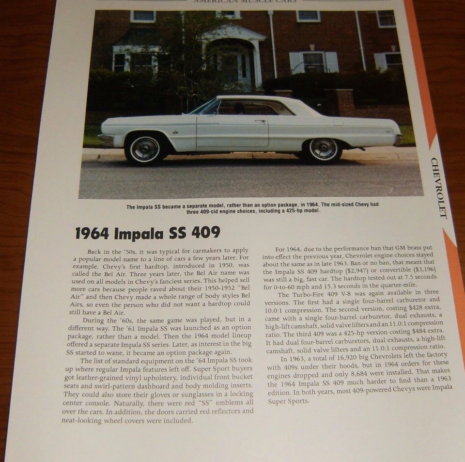 Chevy Impala SS 409 1964 información de especificaciones foto 64 Bel Air SS409 bloque grande Foto 1 de 1