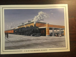 Locomotiva treno Madison Wisconsin Depot Memories 8,5”x 6” arte di Bruce Friesch - Foto 1 di 2
