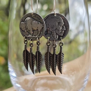 Vintage Indian Buffalo Nickel Coin w/ Feathers Sterling Silver Earrings Hooks - Picture 1 of 8