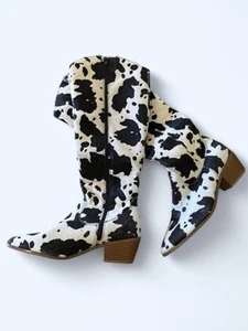 Faux Cow Hide Cow Print Cowgirl Boots - Black And White - Zipper - Size 8.5W - Picture 1 of 10