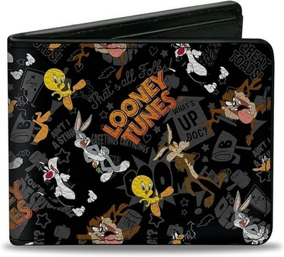 Vegan Bi-Fold Wallet - Looney Tunes 6-Character Poses Elements Scattered Black - Image 1 of 4
