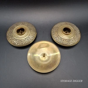 VTG Set of 3 Round Brass Pillar Candle Holder 4.25" Diameter With Candle Topper - Picture 1 of 8