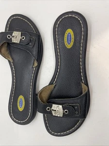 Dr. Scholl' Black Leather Sandals Rhinestone Slide On (Limited edition) Sz 6 M - Picture 1 of 6