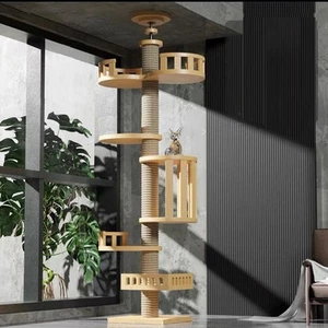 Wooden Floor to Ceiling Cat Tree Tower Natural Sisal Rope Scratching Post - Picture 1 of 21