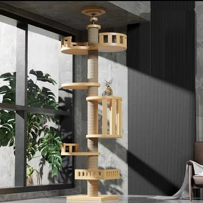 Wooden Floor to Ceiling Cat Tree Tower Natural Sisal Rope Scratching Post - Image 1 of 4