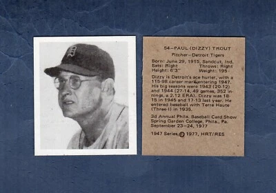 #54 PAUL "DIZZY" TROUT, Tigers 1947 Bowman HRT/RES 1977 | pre-EPSCC promo card — 第 1/2 张图片