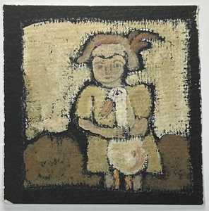 Sandra Pape Gouache Painting 5x5” Women With Goose Waiting For Tea Folk Art - Picture 1 of 10