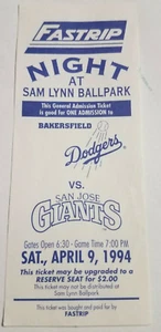 9 de abril 1994 BOLETO BAKERSFIELD DODGERS Difunto Gigantes de San José Paul Lo Duca - Imagen 1 de 1