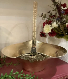 Vtg Solid Brass Basket Hinged Handle Fruit Bowl Grapes India 8 1/2” X 7 3/4” - Picture 1 of 10